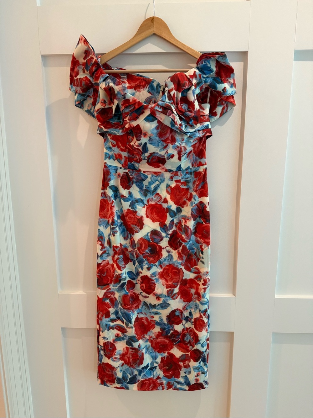 Rebecca Vallance Fleurette floral taffeta midi Dress Red, Blue- size US 6 - Picture 5 of 16